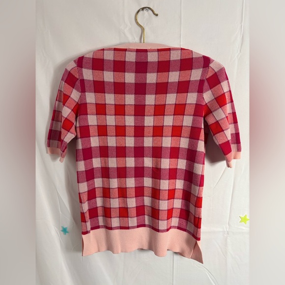 Ann Taylor Pink Red Purple Plaid Short Sleeve Sweater Top - Picture 2 of 14